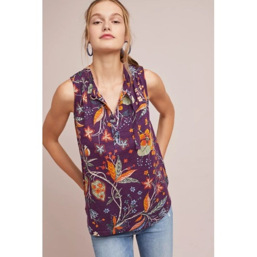Anthropologie‎ Akemi + Kin Palawan Purple Floral Cotton Neck Tie Top XS